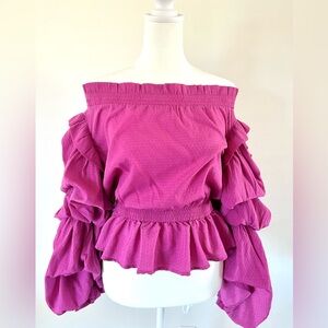 Guess Off The Shoulder Pink Tiered Balloon Sleeve‎ Swiss Dot Fabric Blouse XS